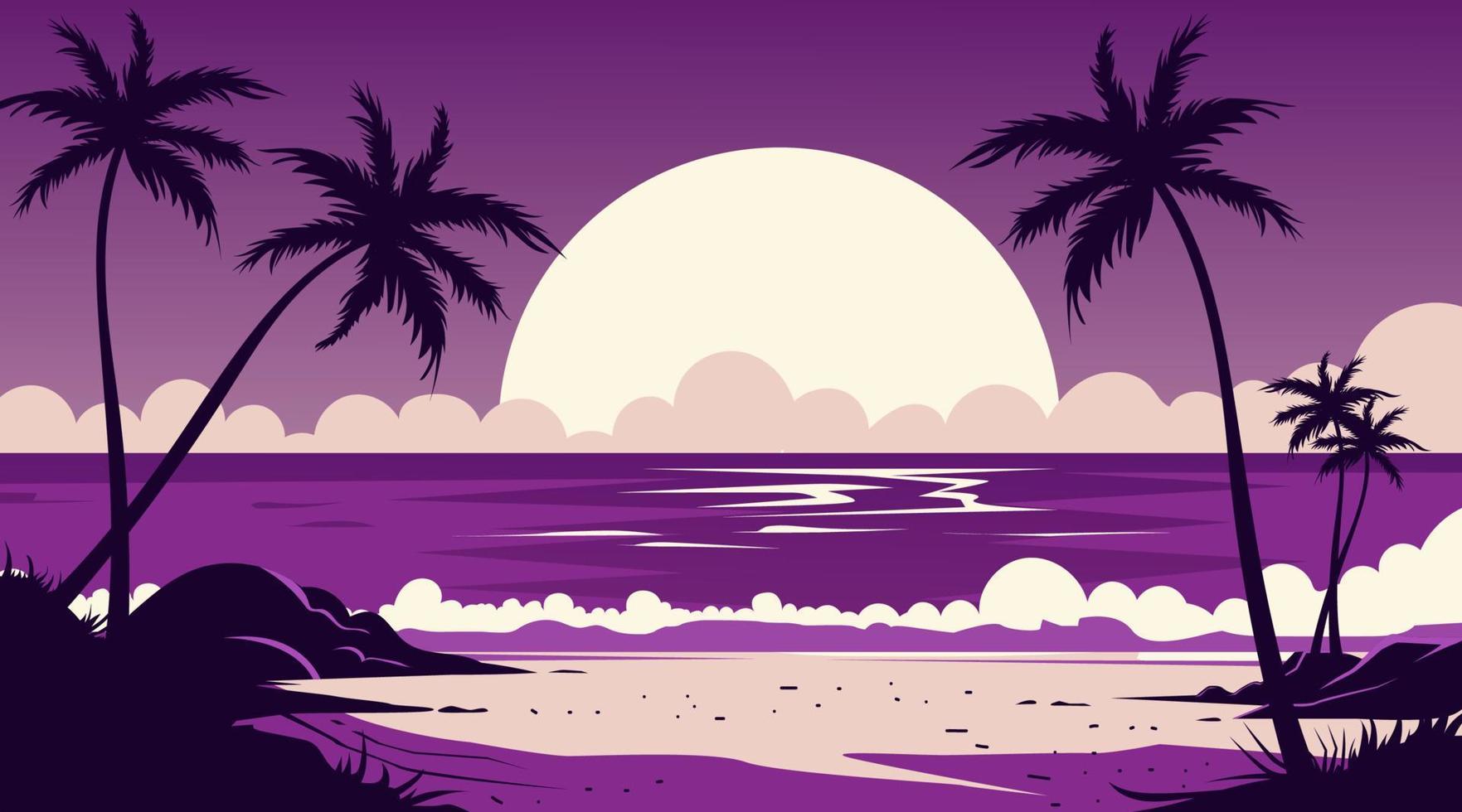 vue de le plage avec silhouettes de noix de coco des arbres, nuances de violet vecteur