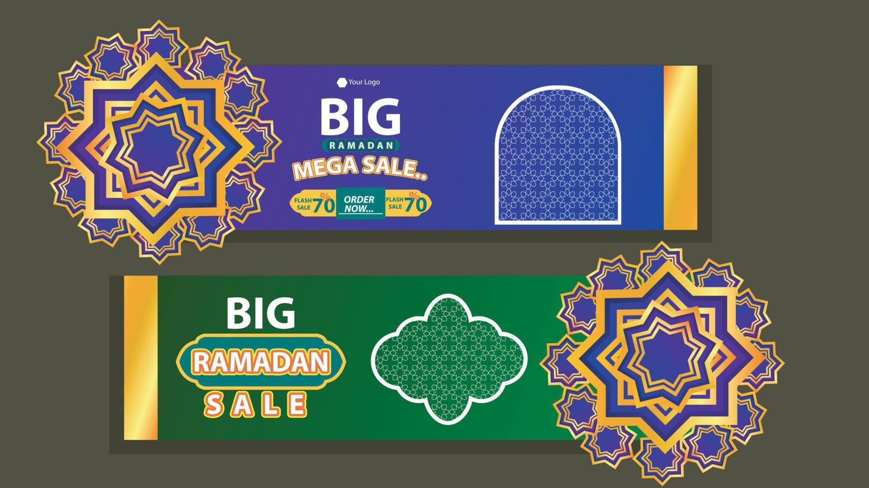 Ramadan kareem méga vente bannière, islamique ornement lanterne, décoration or et moderne Contexte avec vide espace pour photo vecteur