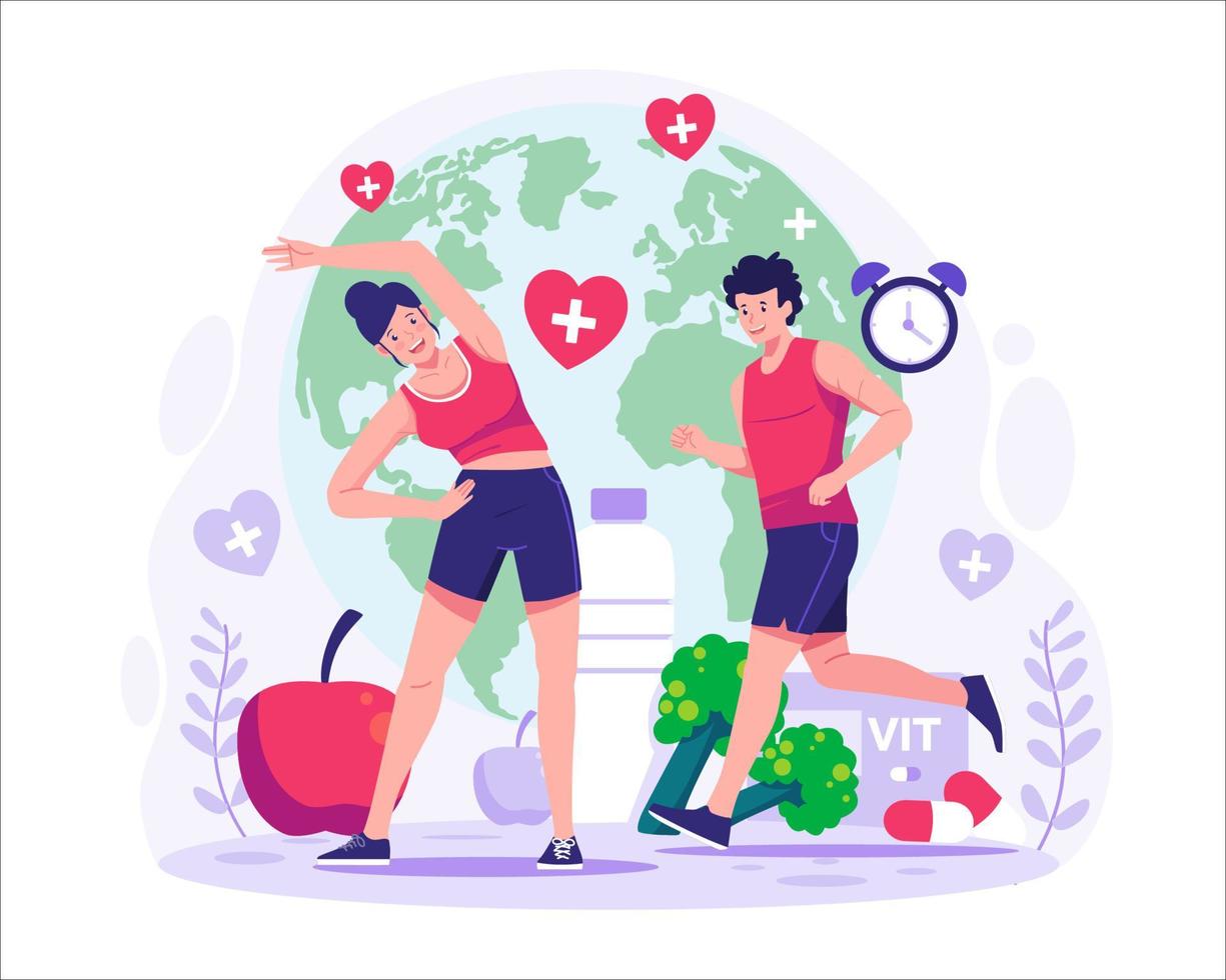 monde santé journée. personnages de gens exercice à rester en bonne santé. en bonne santé mode de vie. fonctionnement et yoga. vecteur illustration