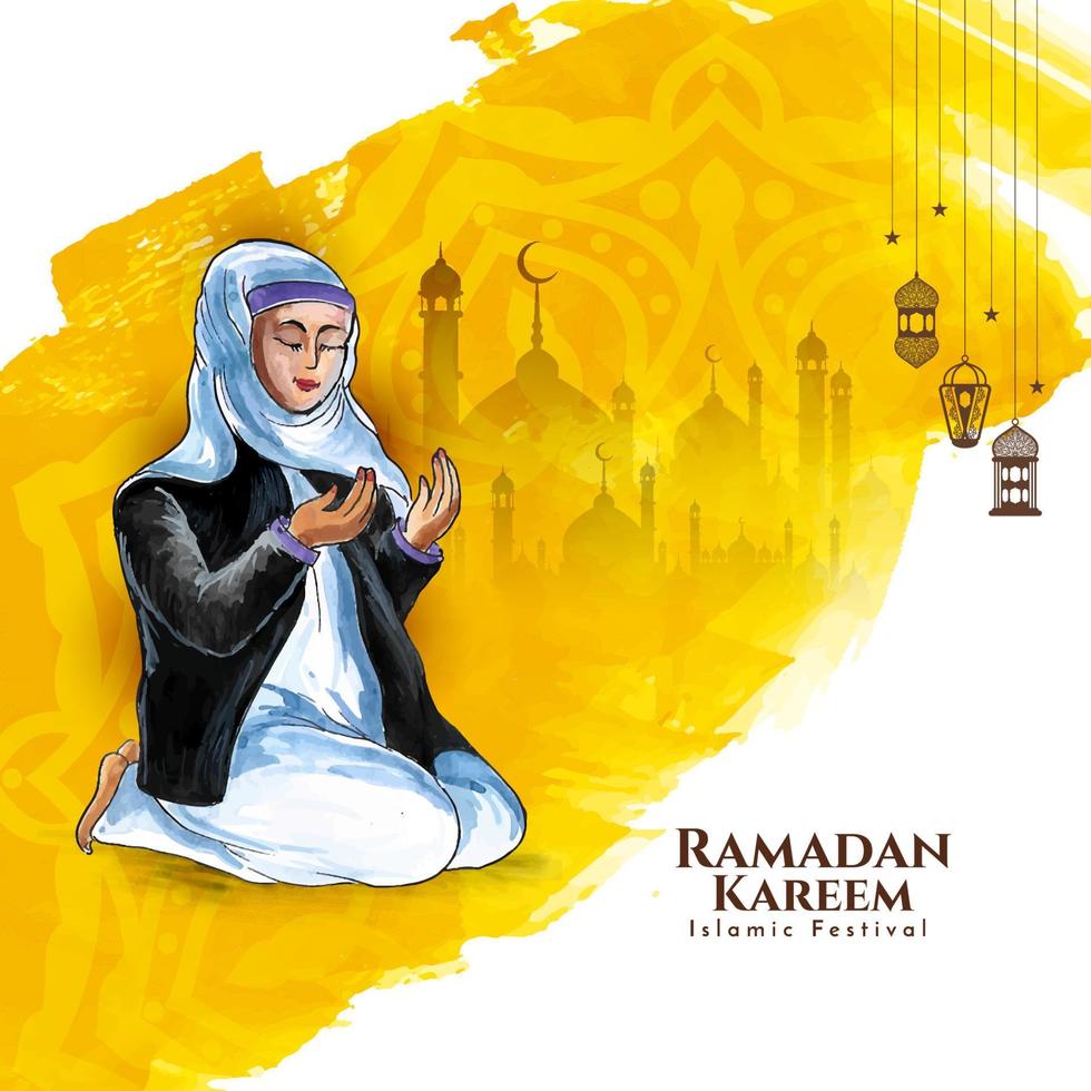 Ramadan kareem Festival carte avec musulman femelle offre namaz à Allah vecteur