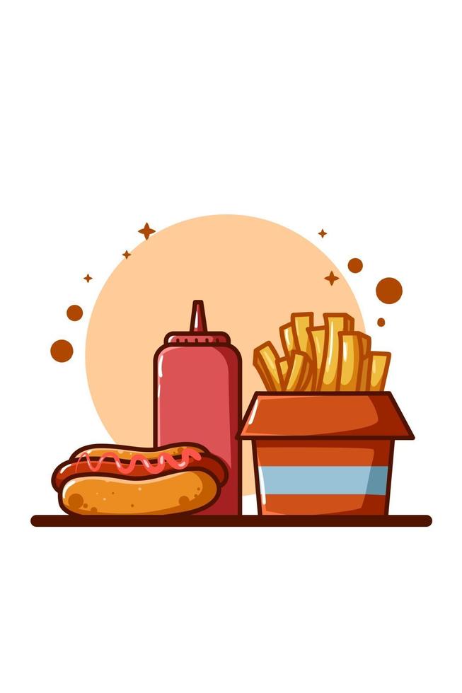 illustration de frites, sauce et hot-dog vecteur