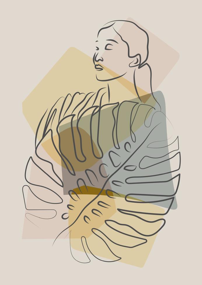 affiche avec Jeune asiatique femme avec feuille illustration. linéaire femelle plat art. coloré main tiré vecteur illustration