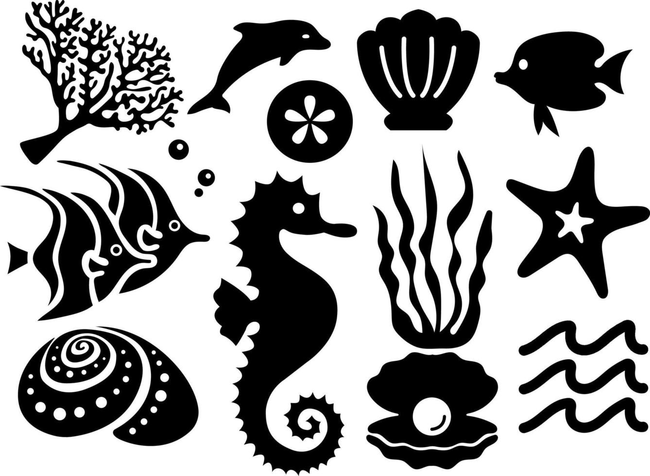 vecteur collection mer vie. noir silhouette de exotique animaux dans le océan. dauphin, des poissons, coquilles, sous-marin faune