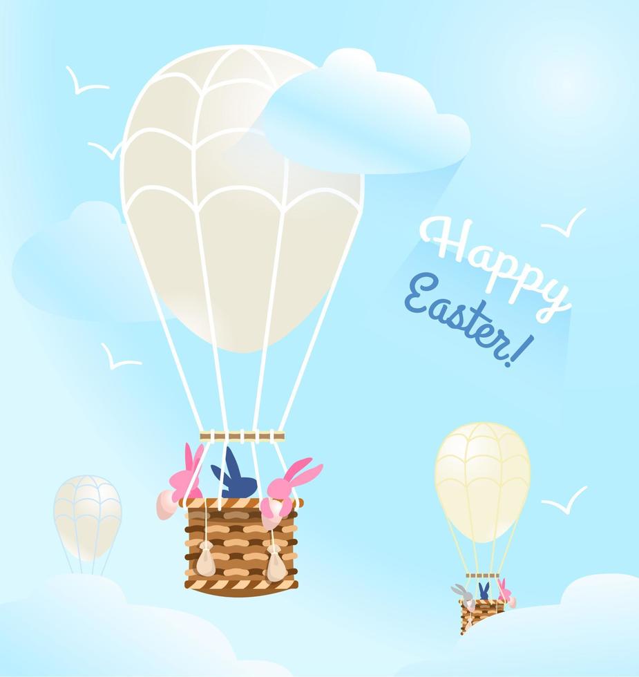 vecteur Créatif content Pâques carte postale. Pâques lapins en voyageant dans une chaud air ballon collecte des œufs.