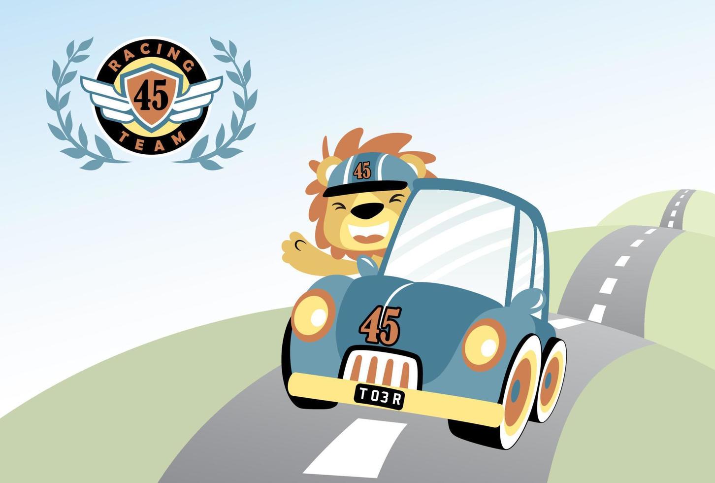 marrant Lion conduite courses voiture sur courses piste, vecteur dessin animé illustration