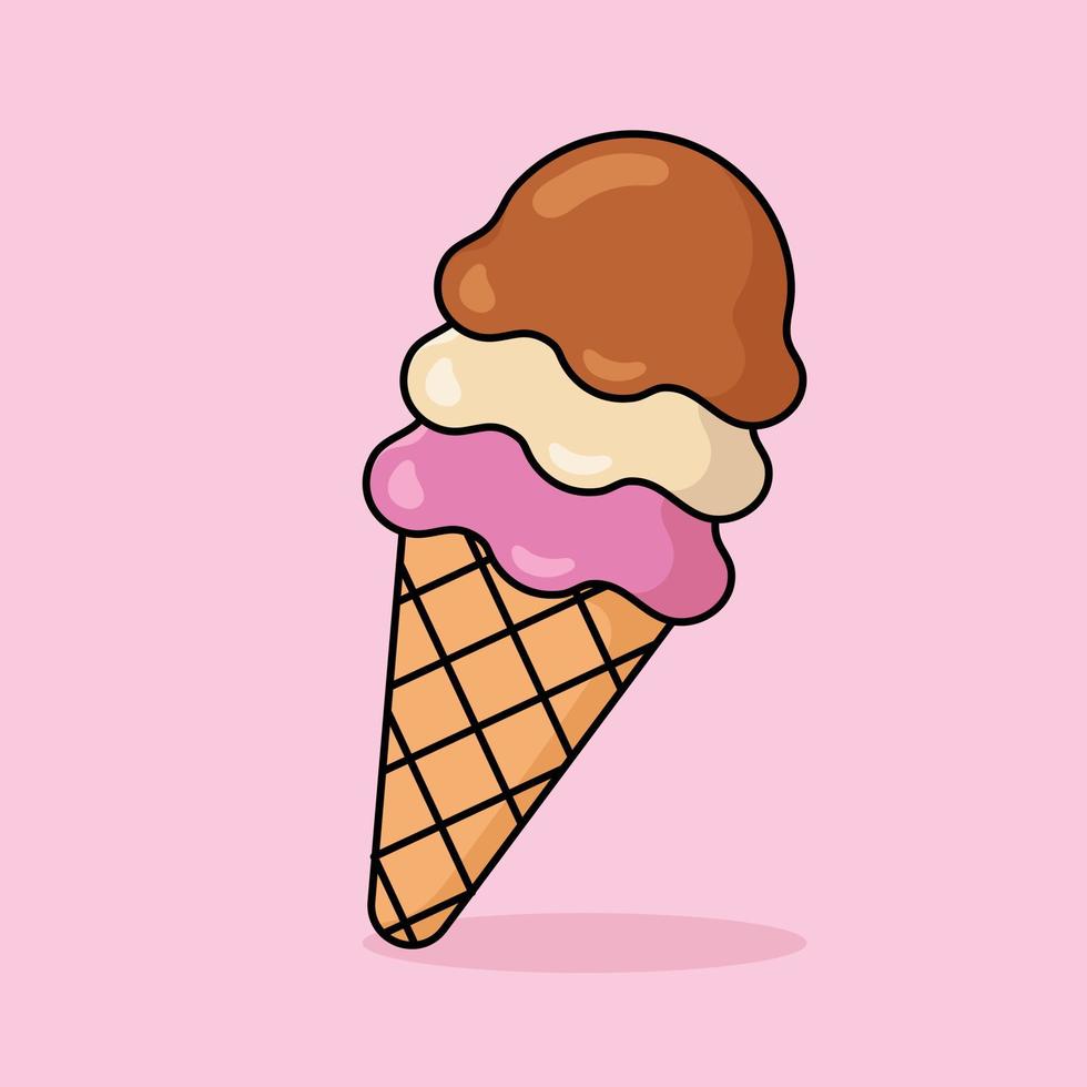 mignonne la glace crème scoop dessin animé icône vecteur. fraise, vanille, et Chocolat boules dans gaufre cône. desserts et sucré nourriture plat conception icône concept. vecteur plat contour icône