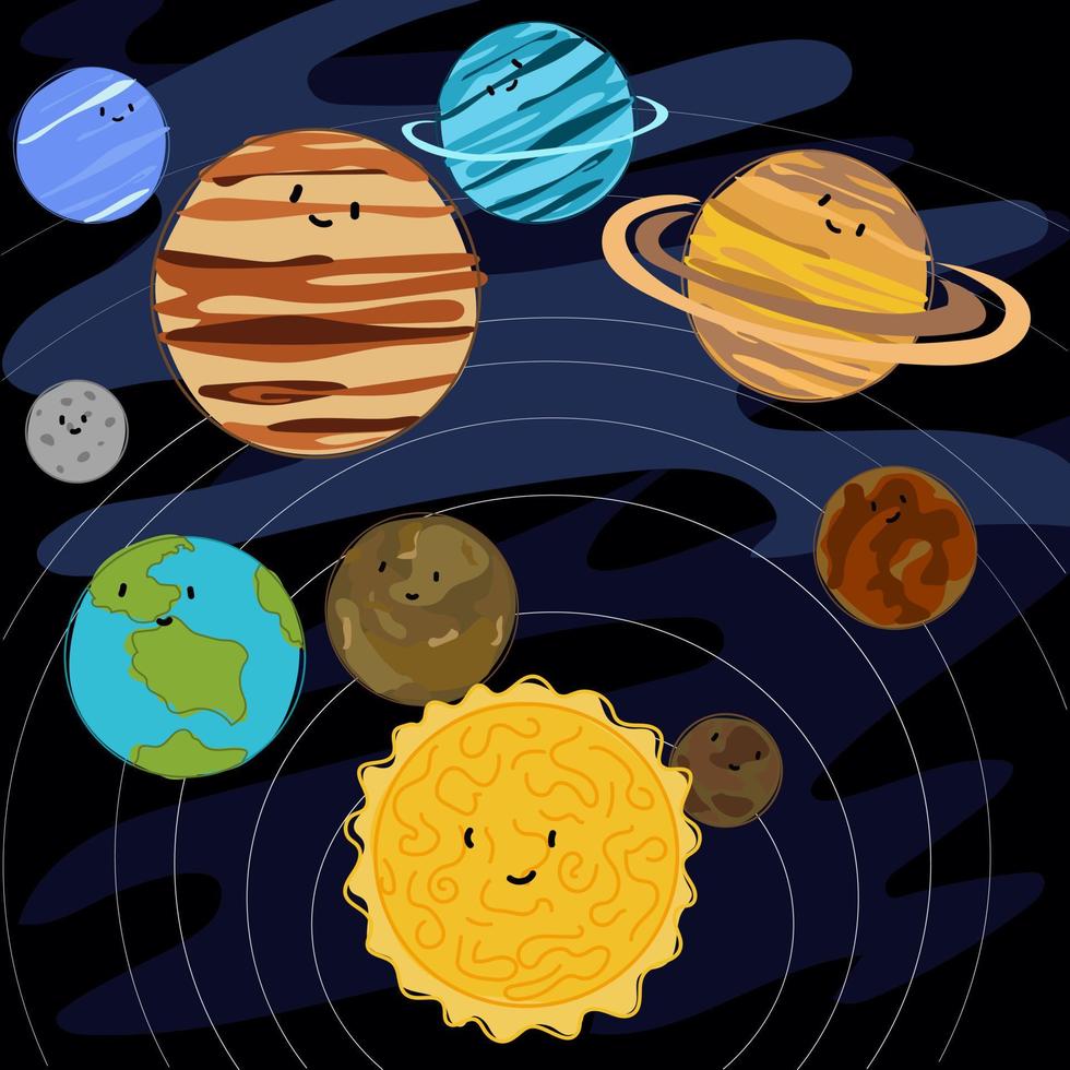 coloré planètes de le solaire système dans commande avec lignes dans espace. dessin animé brillant planètes de le solaire système en mouvement autour le Soleil dans leur orbites sur une bleu Contexte. espace aventures, illustration vecteur