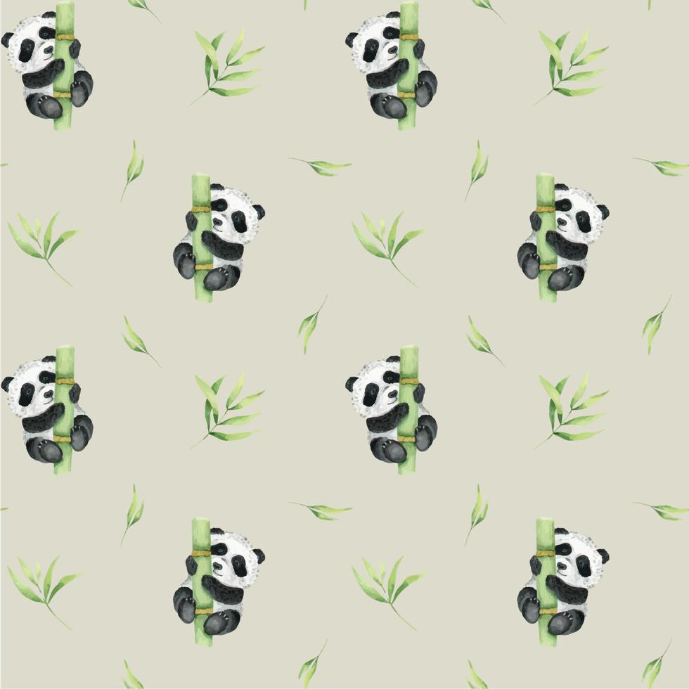 mignonne Panda est en portant sur à une bambou tige, bambou feuilles. aquarelle sans couture modèle. asiatique culture. pour textile, emballage, fond d'écran, cartes postales. vecteur