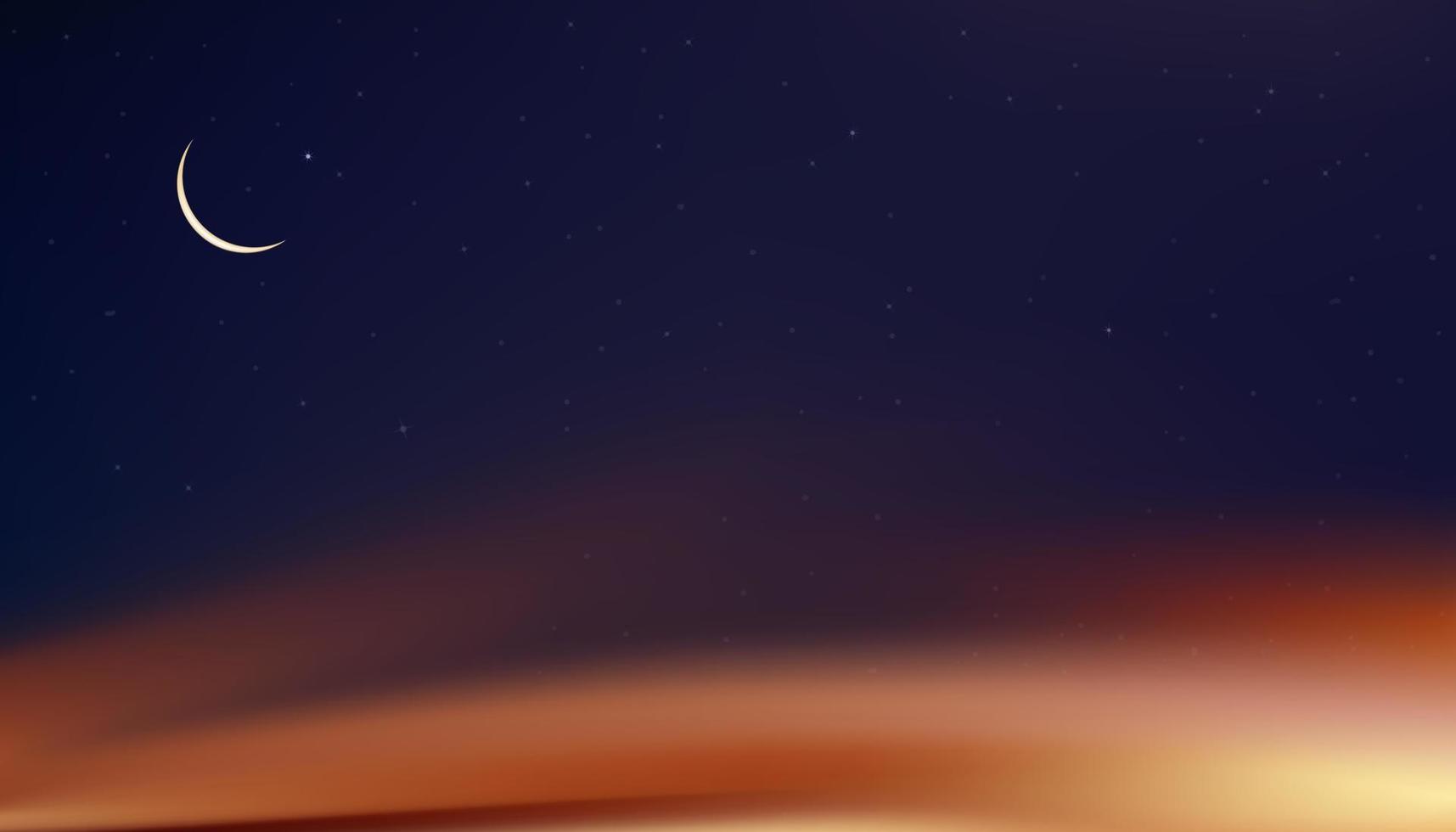 islamique salutation carte, ramadan kareem conception avec croissant lune et staron le coucher du soleil ciel arrière-plan, vecteur religions symbolique de islam, musulman pour Ramadan kareem, aïd moubarak, aïd Al adha, aïd Al fitr