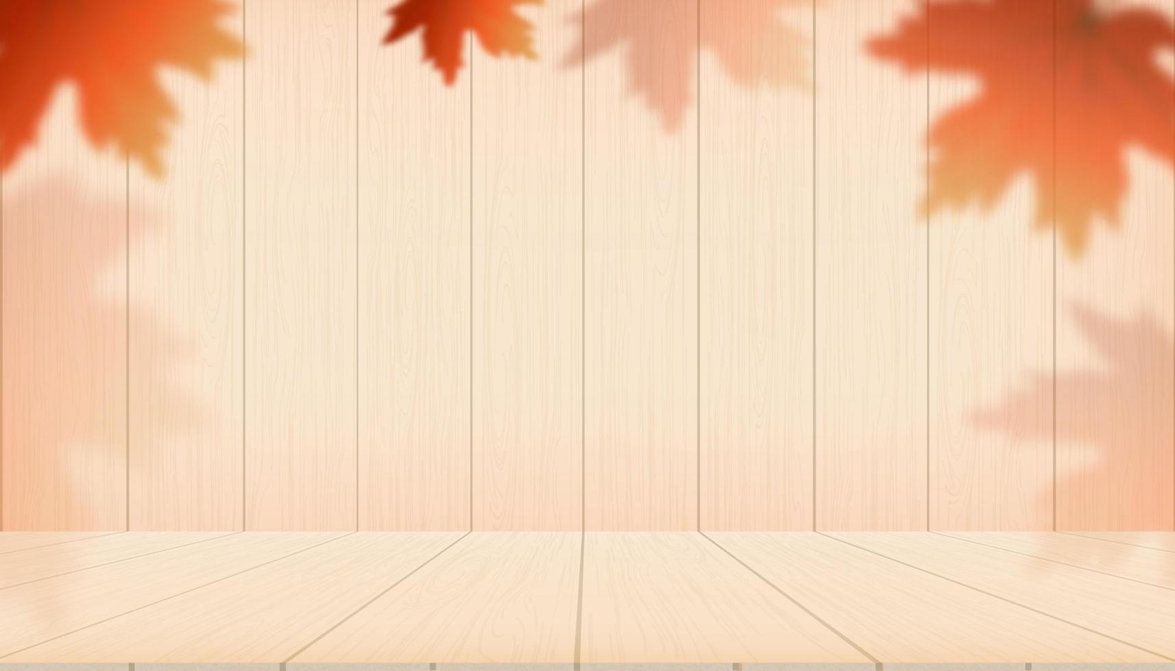 l'automne afficher podium décoration Contexte avec mable feuilles sur bois mur, vecteur vide minimal studio pièce pour produit modèle conception pour automne, tomber saison, toile de fond bannière pour produit présentation