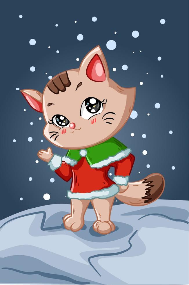un petit et beau chat brun portant un costume de Noël dans la nuit d'hiver vecteur