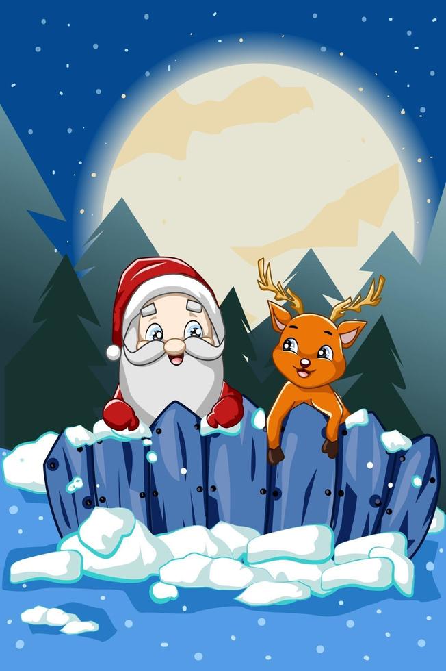 père noël avec joli cerf sous la nuit de pleine lune de noël vecteur