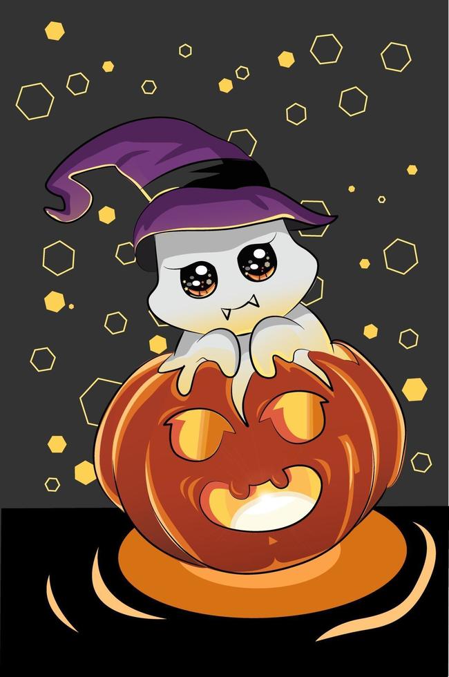 Une illustration de mignon petit fantôme portant un chapeau de sorcière sur la citrouille d'halloween vecteur