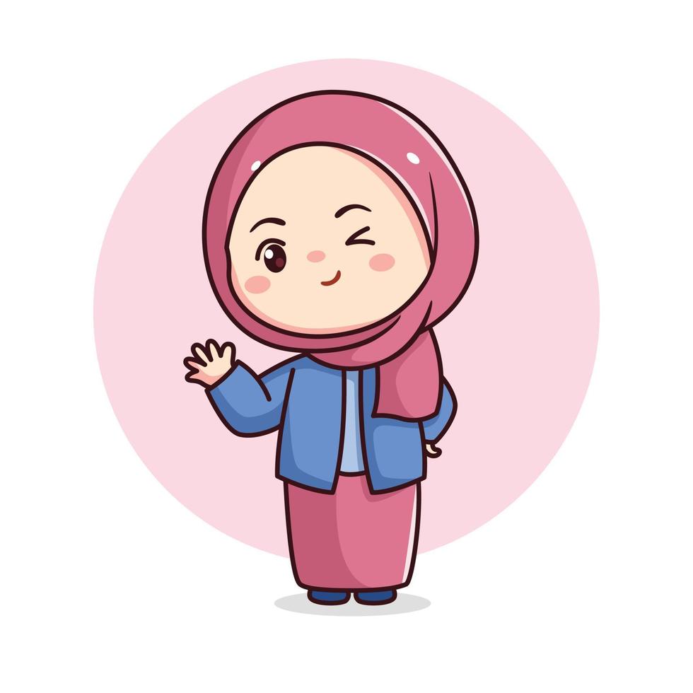 ute hijab fille agitant main avec bleu et rose robe vecteur