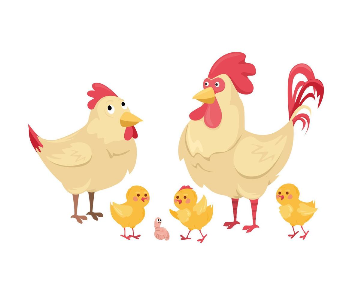 poule et coq avec poulets sur une blanc Contexte. mignonne poulet famille avec poulets dans dessin animé style sur un isolé Contexte. vecteur