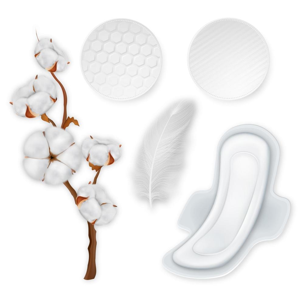 Ensemble réaliste de produits d'hygiène en coton. tampons de coton doux avec des ailes. illustration vectorielle vecteur