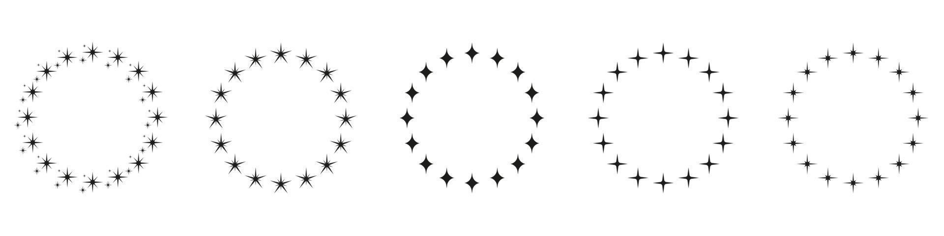 étoiles dans le jeu d'icônes de silhouette en forme de cercle. icône d'ornement décor circulaire sur fond blanc. cadre de prix rond moderne avec pictogramme d'étoiles noires. illustration vectorielle isolée. vecteur