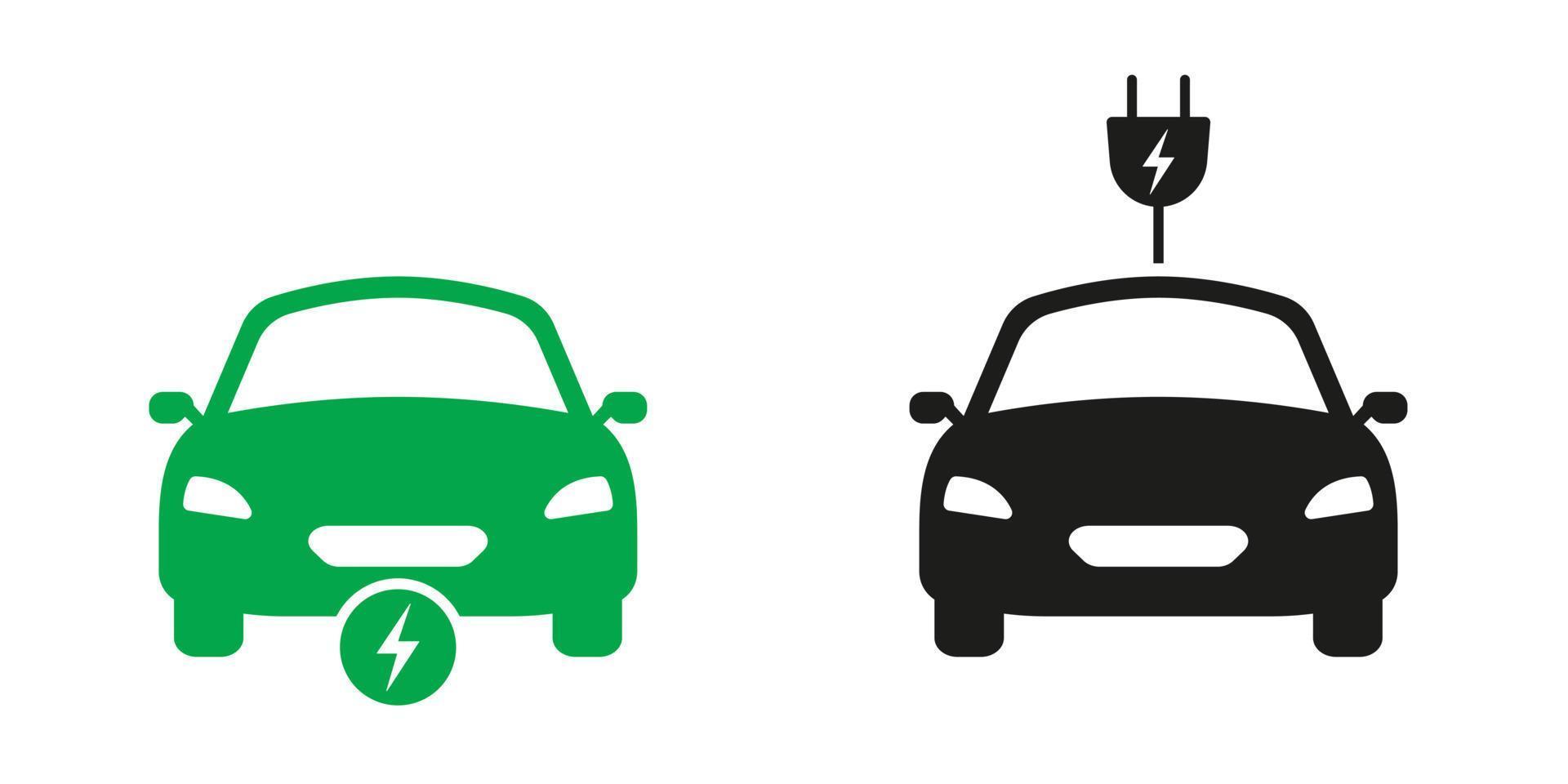 éco hybride transport solide signe ensemble. électrique voiture avec prise de courant écologie véhicule glyphe icône. ev transport. électro véhicule avec chargeur silhouette pictogramme ensemble. isolé vecteur illustration.