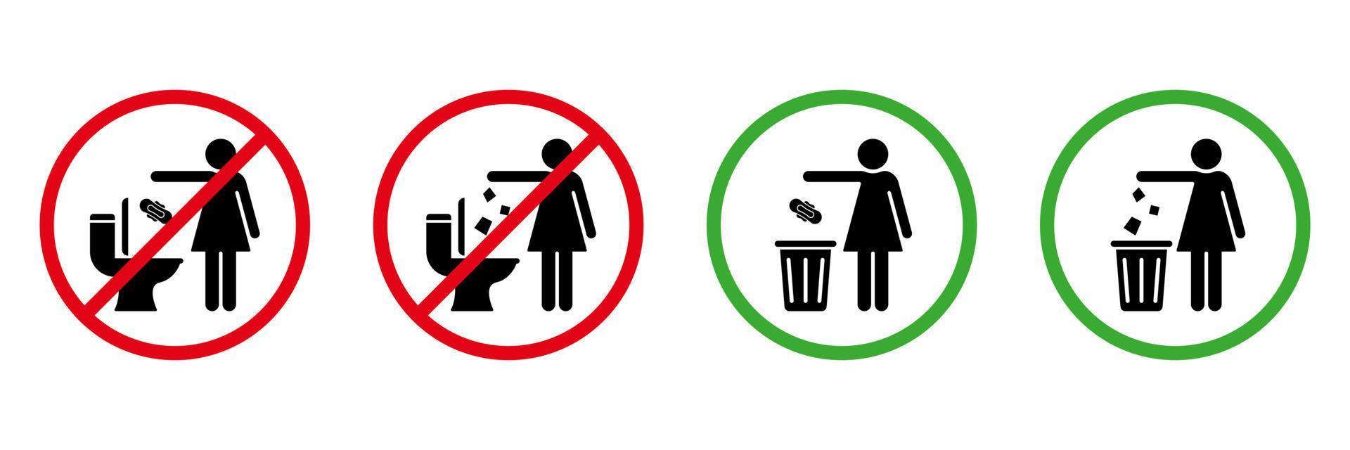 S'il vous plaît non affleurer litière dans toilette signe ensemble. permis jeter serviette de table, papier, tampons, serviette dans déchets panier silhouette icône. S'il vous plaît jeter litière dans poubelle, non dans toilette pictogramme. isolé vecteur illustration.