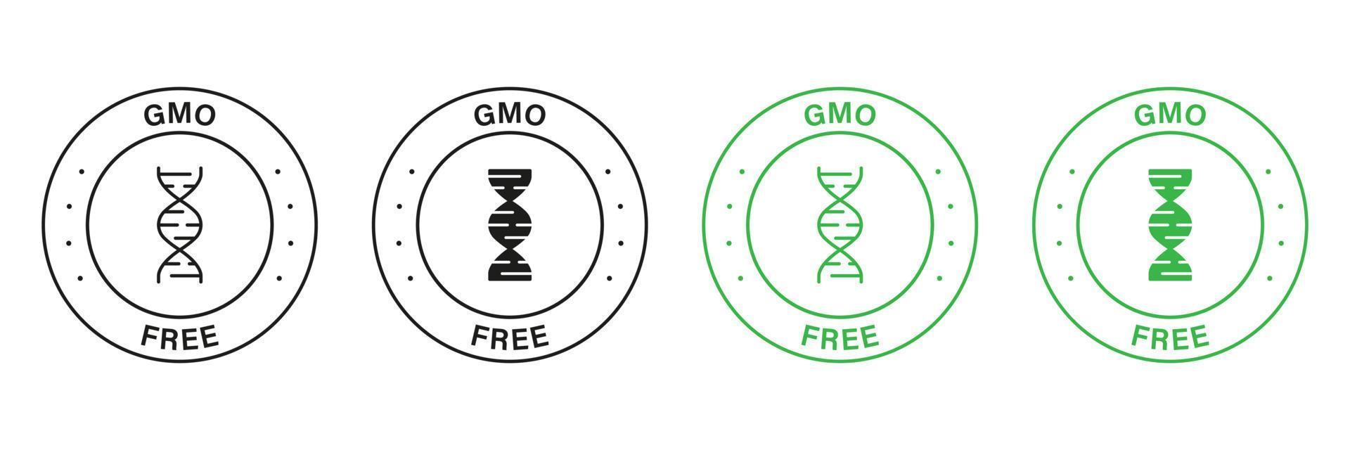 gratuit organisme génétiquement modifié vert et noir timbre ensemble. Naturel non organisme génétiquement modifié nourriture étiqueter. non génétiquement modifié Ingrédients signe. bio éco nourriture pour végétalien logo. végétarien biologique produit autocollant. isolé vecteur illustration.