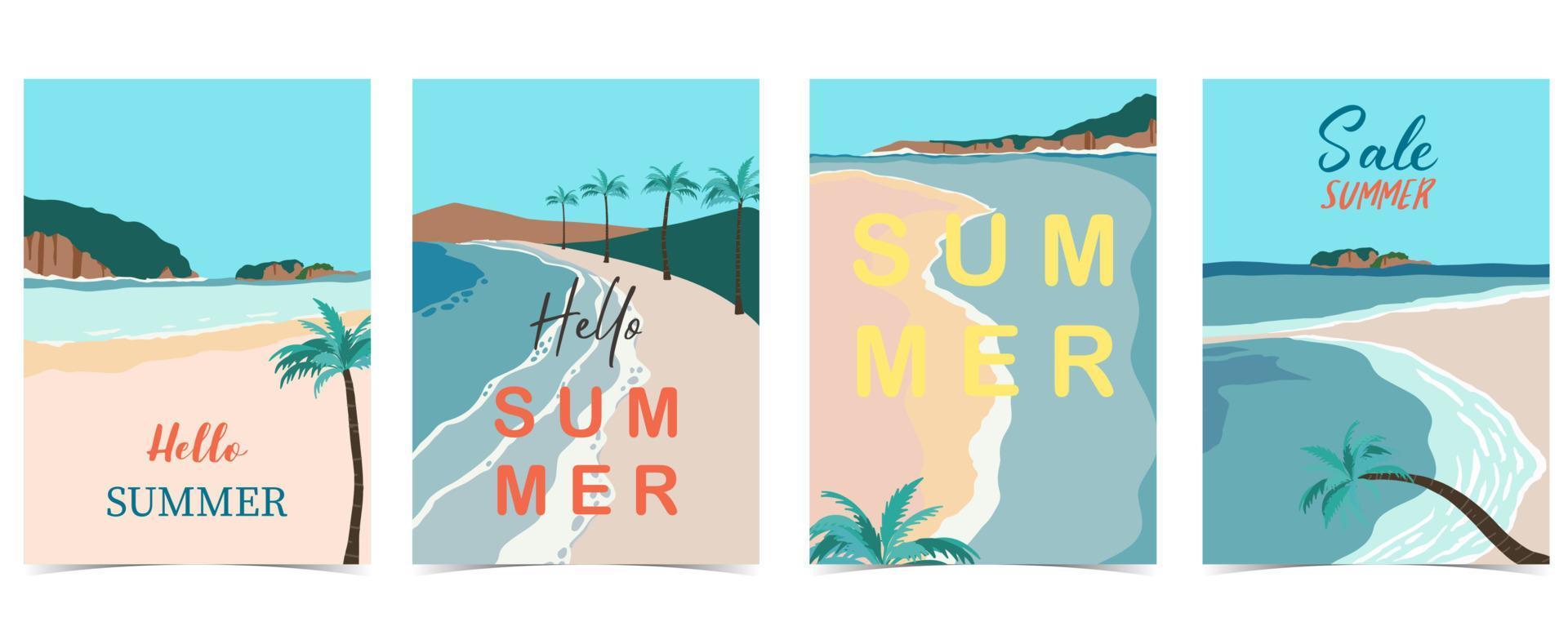 carte postale de plage avec soleil, mer, ciel et montagne pendant la journée vecteur
