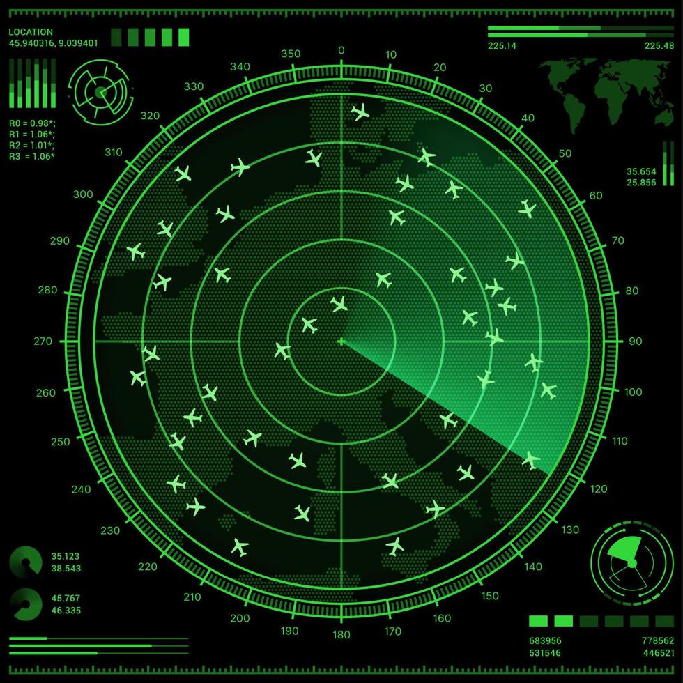 air contrôle radar écran avec avions et carte vecteur
