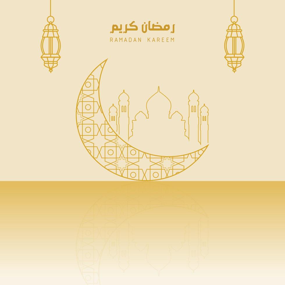 Facile Ramadan kareem arabe calligraphie, avec mosquée embrasé lanterne et pendaison croissant lune étoile, arrière-plan moderne illustration vecteur