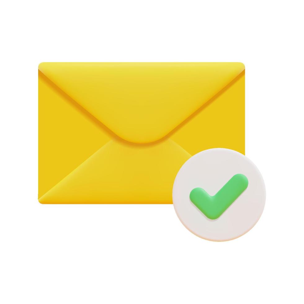 3d courrier enveloppe avec vérifier marque icône vecteur. isolé sur blanc Contexte. 3d complété, Succès et approbation concept. dessin animé minimal style. 3d email icône vecteur rendre illustration.