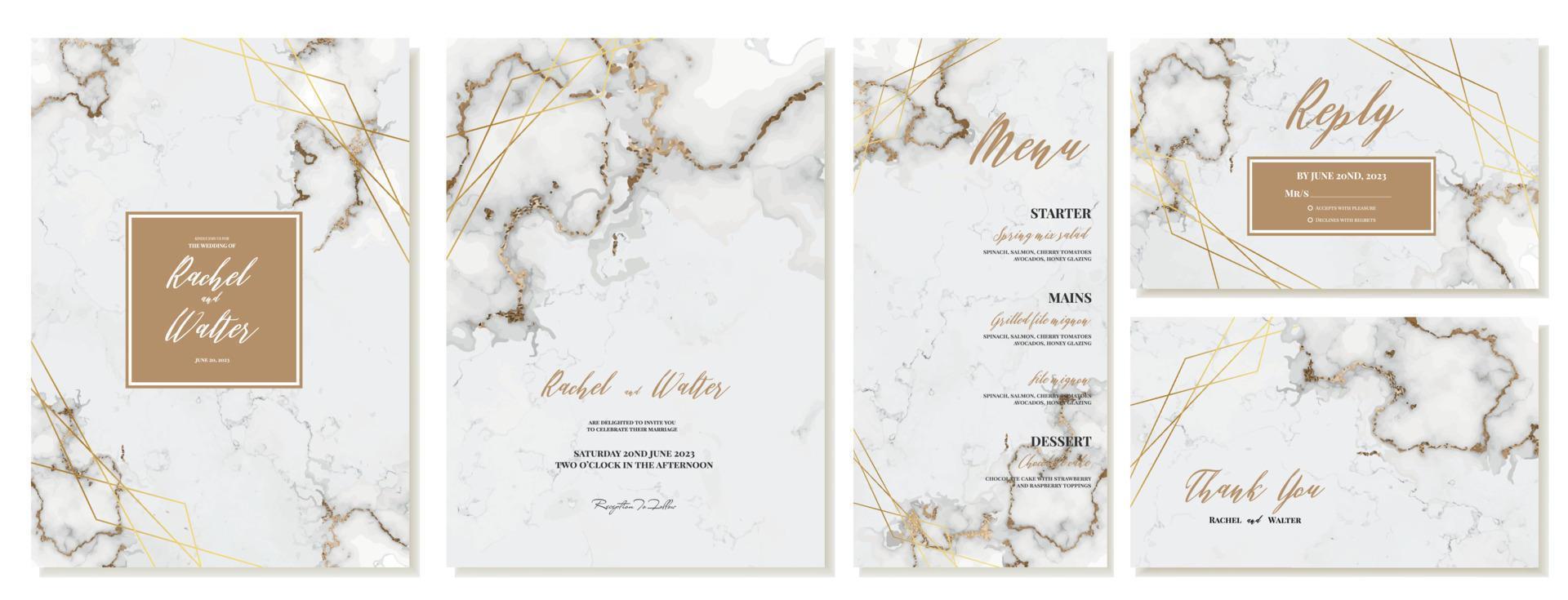 ensemble de mariage invitations sur marbre Contexte. vecteur modèle pour mariage, RSVP et menu