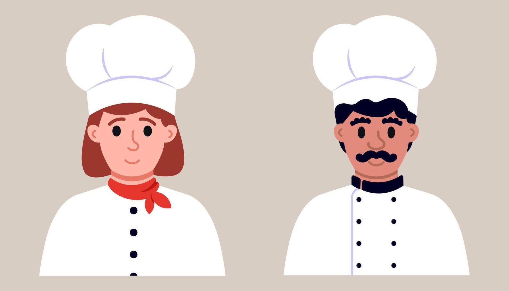 portraits de restaurant chefs. femme et homme professionnel vecteur illustration dans plat style