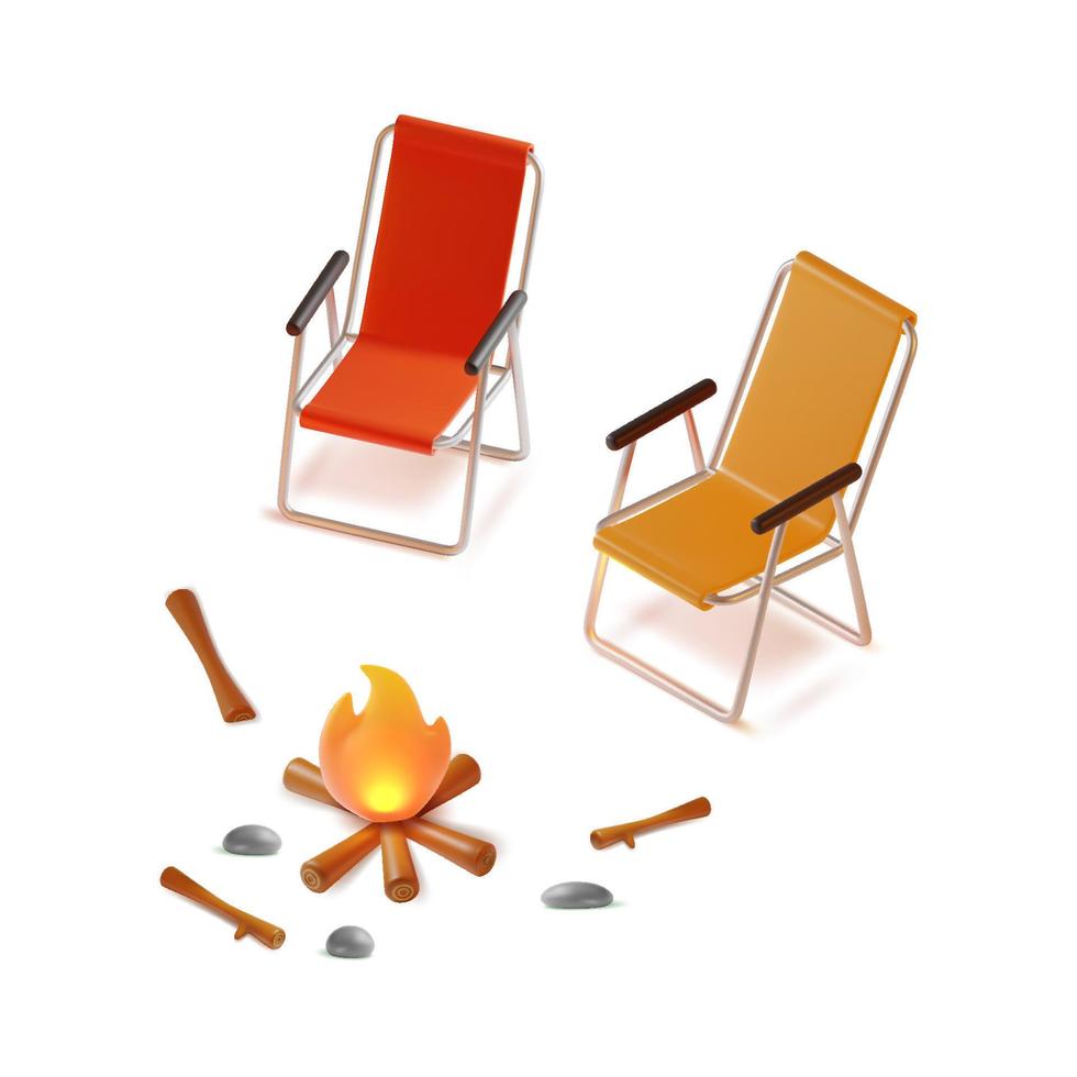 3d aller camping concept éléments pâte à modeler dessin animé style de pliant camp chaise ensemble et feu de camp. vecteur illustration