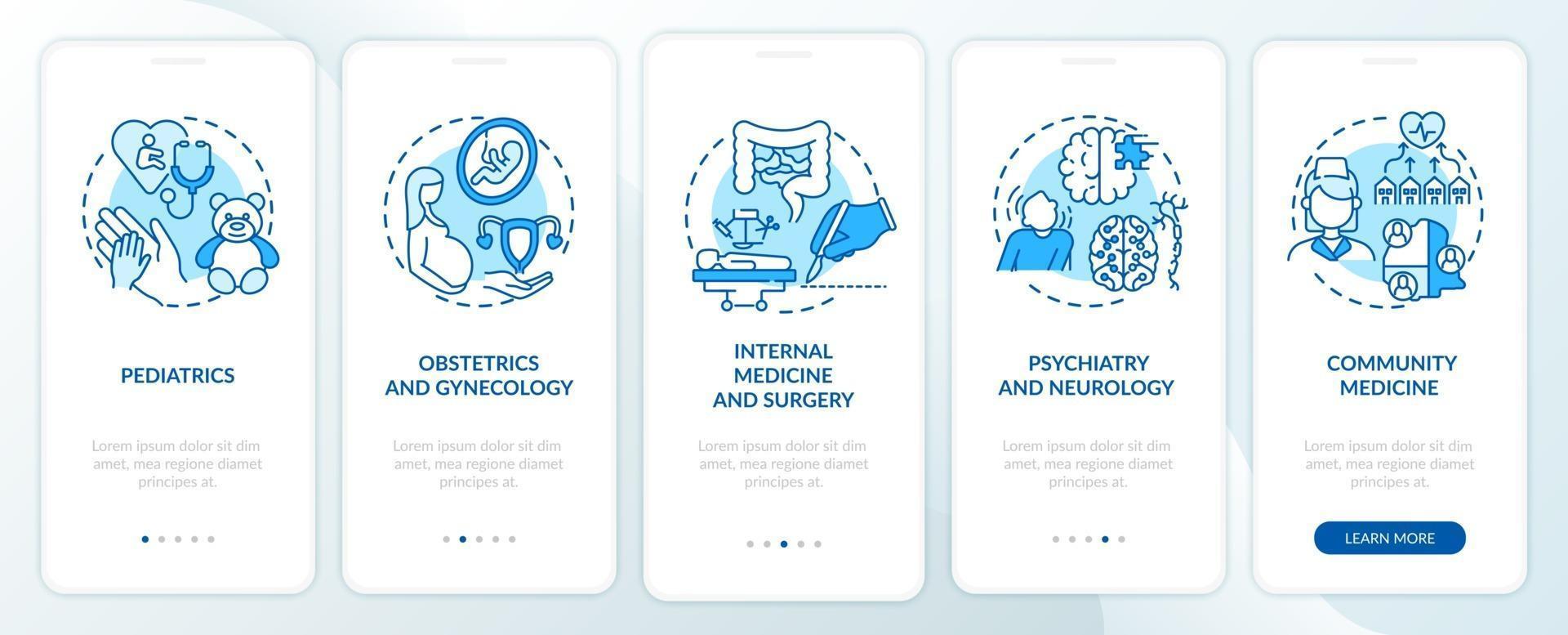 Composants de médecine familiale écran de la page de l'application mobile d'intégration bleue avec concepts vecteur