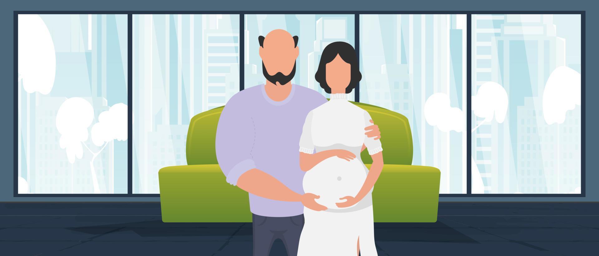 Enceinte femme avec sa mari. bannière sur le thème de couple jet bébé. content grossesse. vecteur illustration dans une plat style.