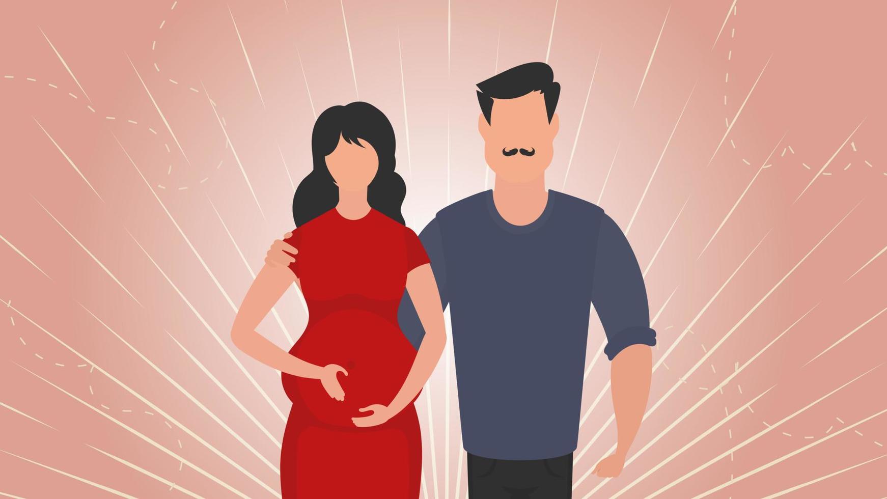 Enceinte femme avec sa mari. bannière sur le thème Jeune famille est attendre pour le naissance de une enfant. positif et conscient grossesse. vecteur illustration.