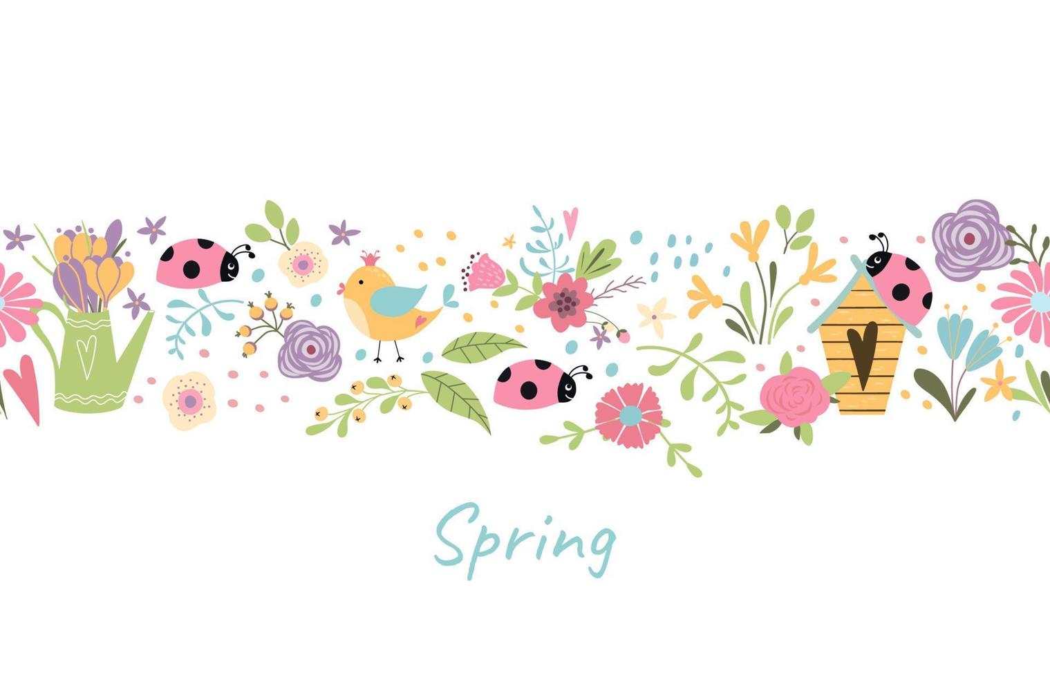 printemps frontière. printemps sans couture fleur frontière avec coloré marguerites, oiseau, insecte, coccinelle nichoir. répété floral frontière, répété modèle été mignonne illustration. dessin animé la nature graphique élément vecteur