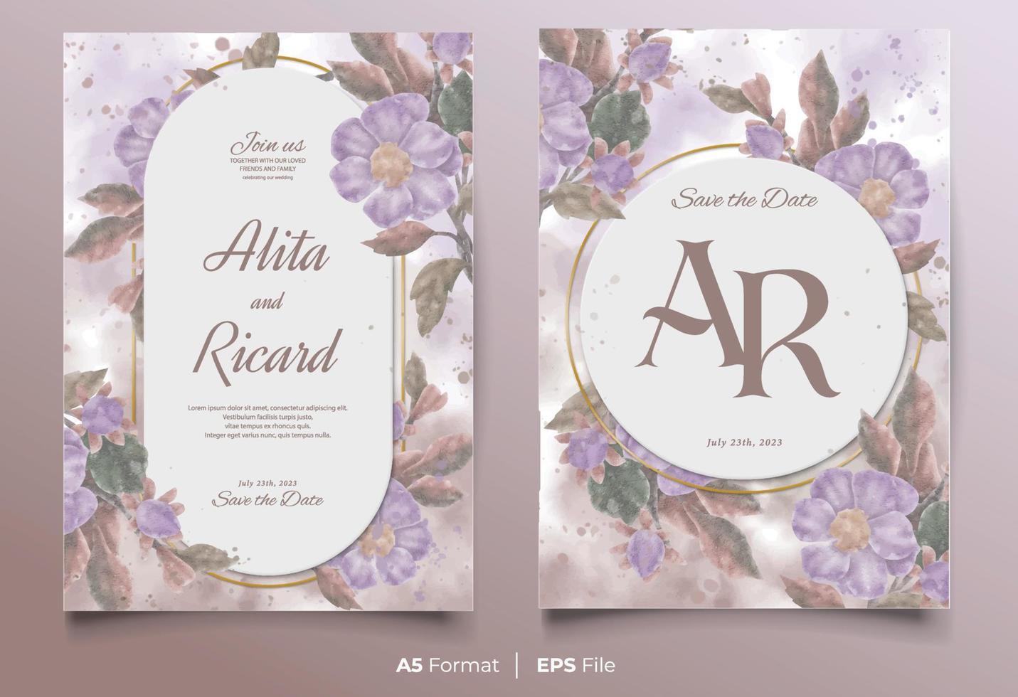 aquarelle mariage invitation carte modèle avec rouge et violet fleur ornement vecteur