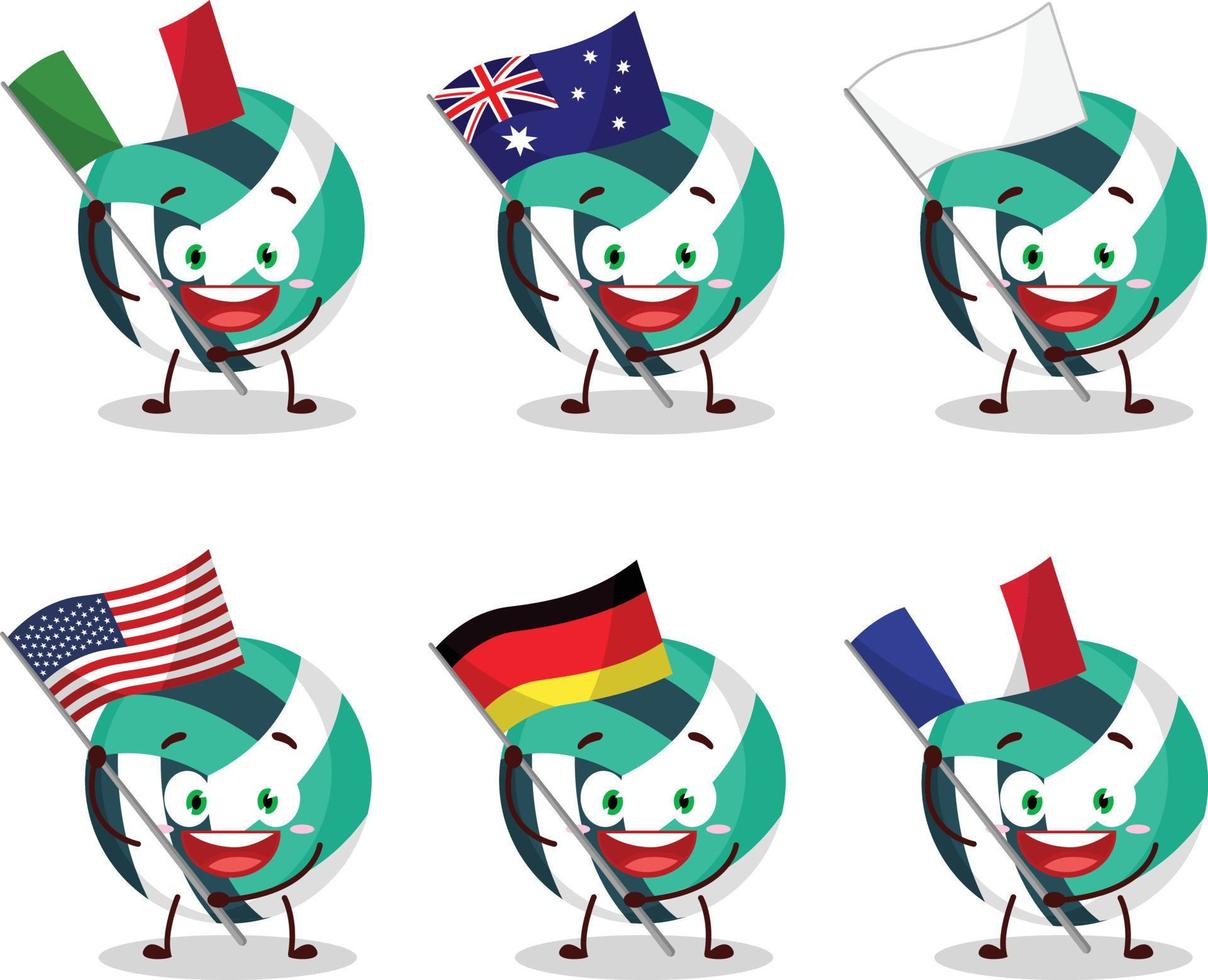 volée Balle dessin animé personnage apporter le drapeaux de divers des pays vecteur