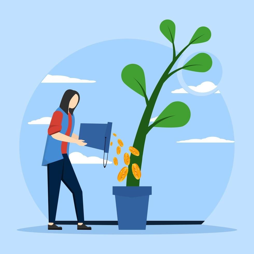 concept de cherchant investissement, départ projet financement, investir argent dans entreprise. femme arrosage une plante croissance dans une pot avec une seau plein de dollar pièces de monnaie. plat vecteur illustration pour affiche.