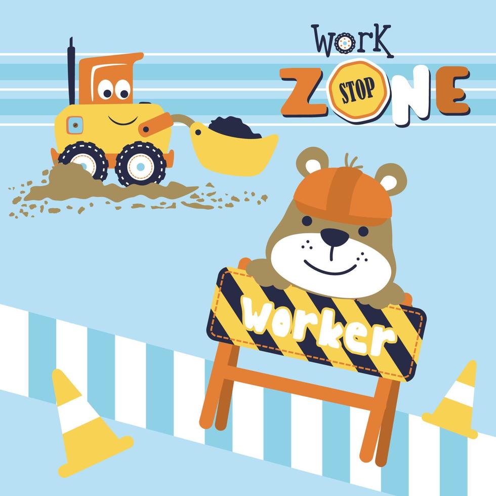 marrant ours avec souriant construction véhicule, vecteur dessin animé illustration