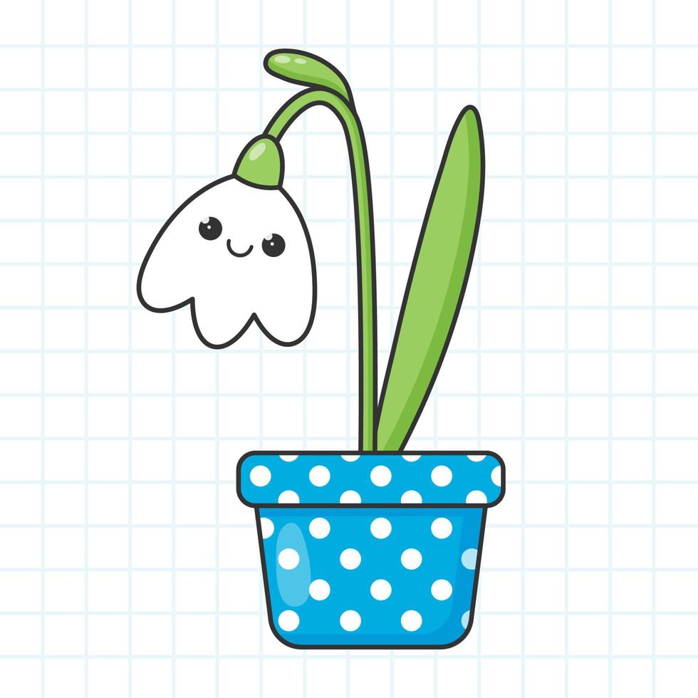 kawaii marrant perce-neige fleur sur polka point pot. dessin animé vecteur illustration.