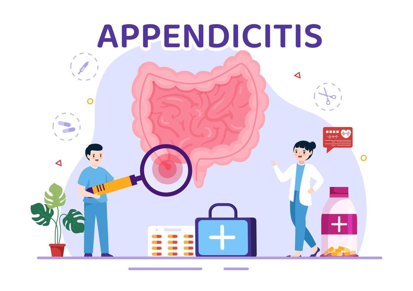 appendicite illustration avec inflammation de le appendice et estomac traitement dans soins de santé plat dessin animé main tiré pour atterrissage page modèles vecteur