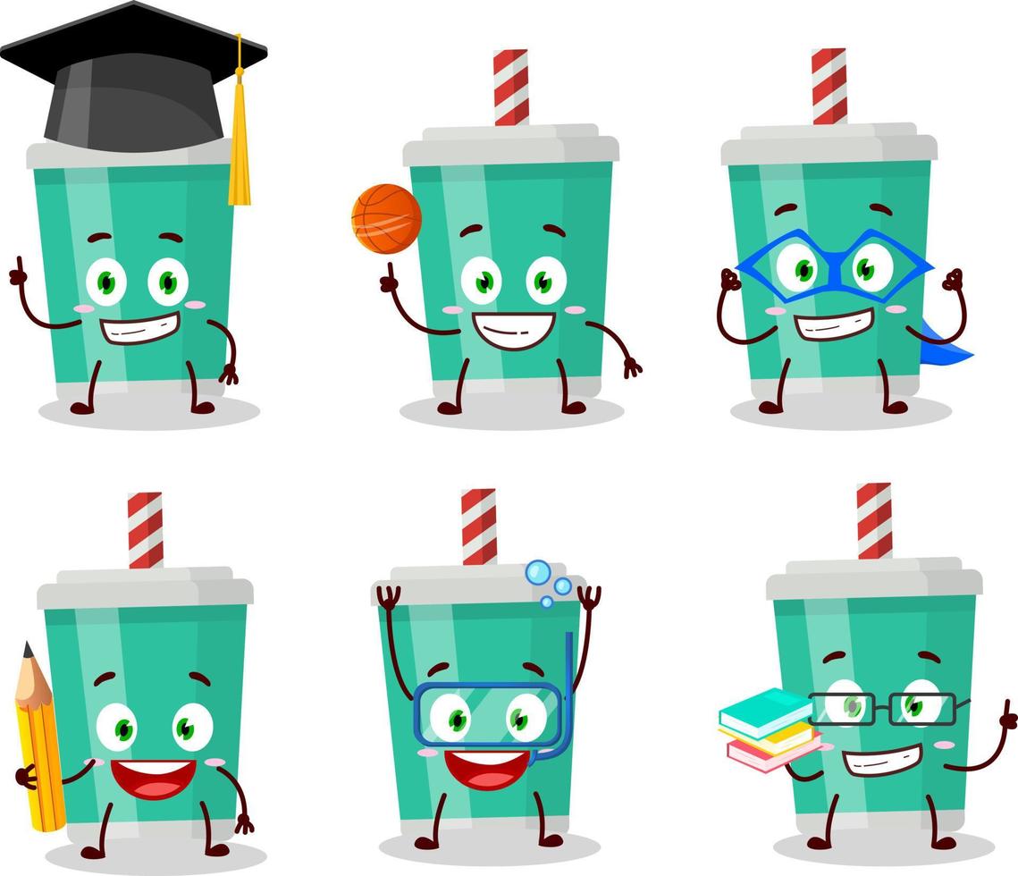 école étudiant de un soda bouteille dessin animé personnage avec divers expressions vecteur