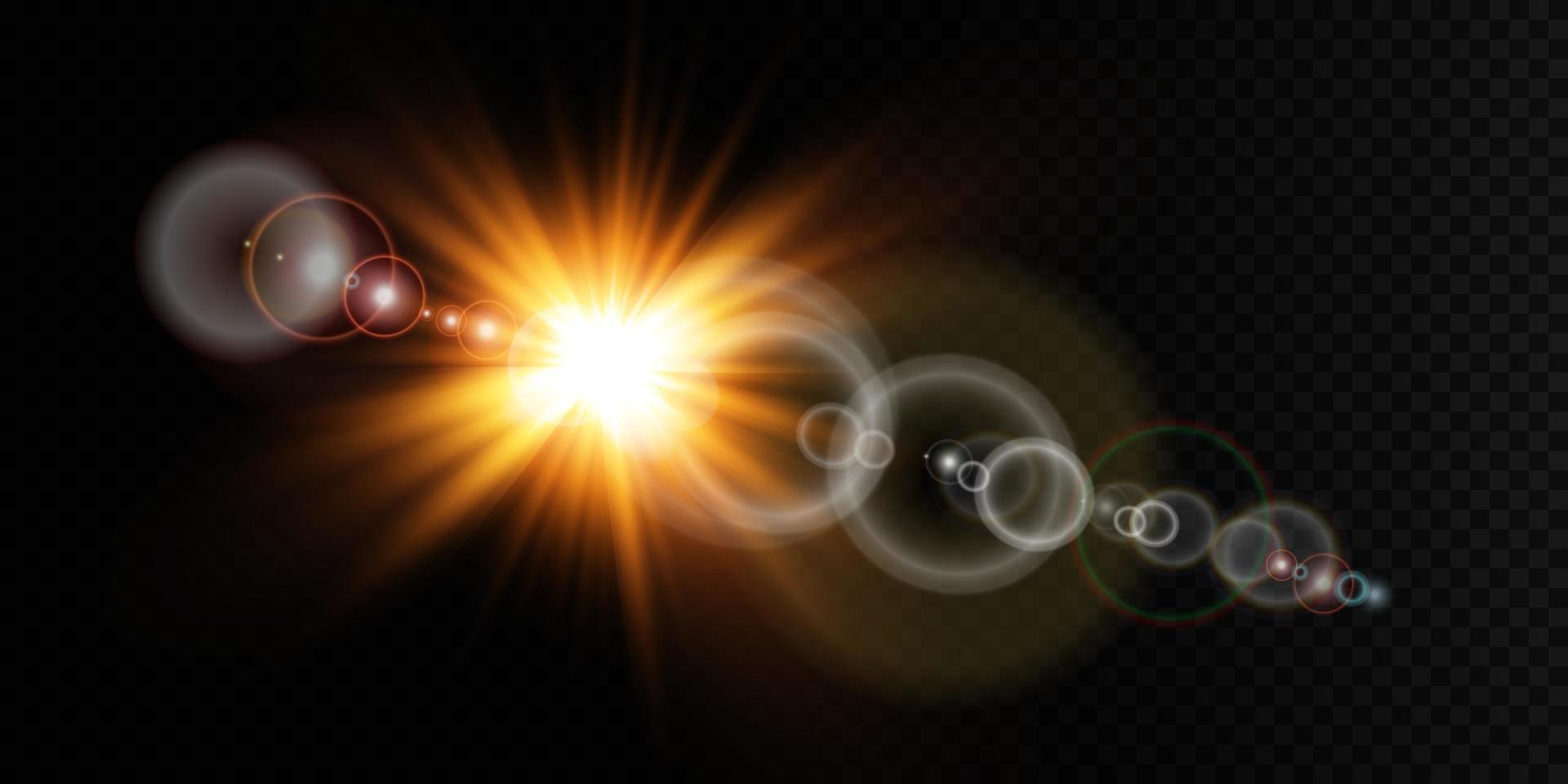 d'or étoile, sur une noir arrière-plan, le effet de lueur et des rayons de lumière, embrasé lumières, Soleil. vecteur. vecteur