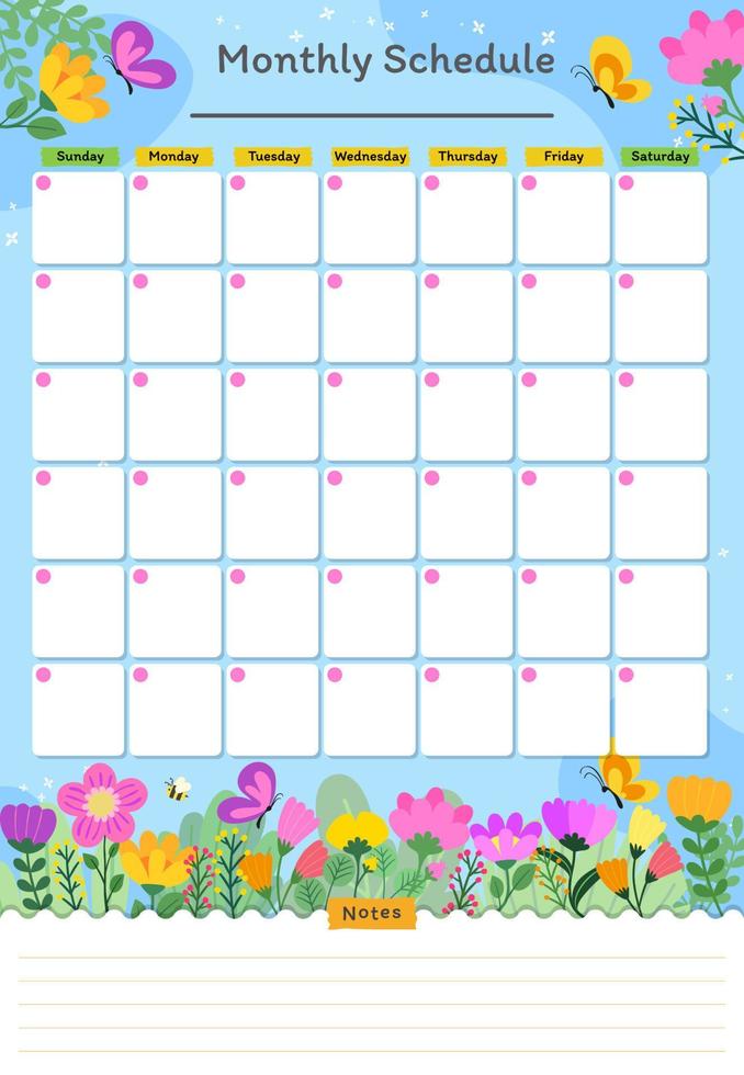 mensuel chronologie programme mignonne fleurs printemps style vecteur