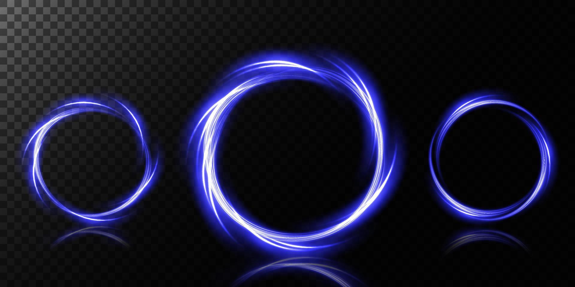 la magie portails sur le nuit scène. bleu rond hologrammes avec des rayons de lumière et scintille. embrasé futuriste téléport tunnel avec copie espace sur noir Contexte. vecteur