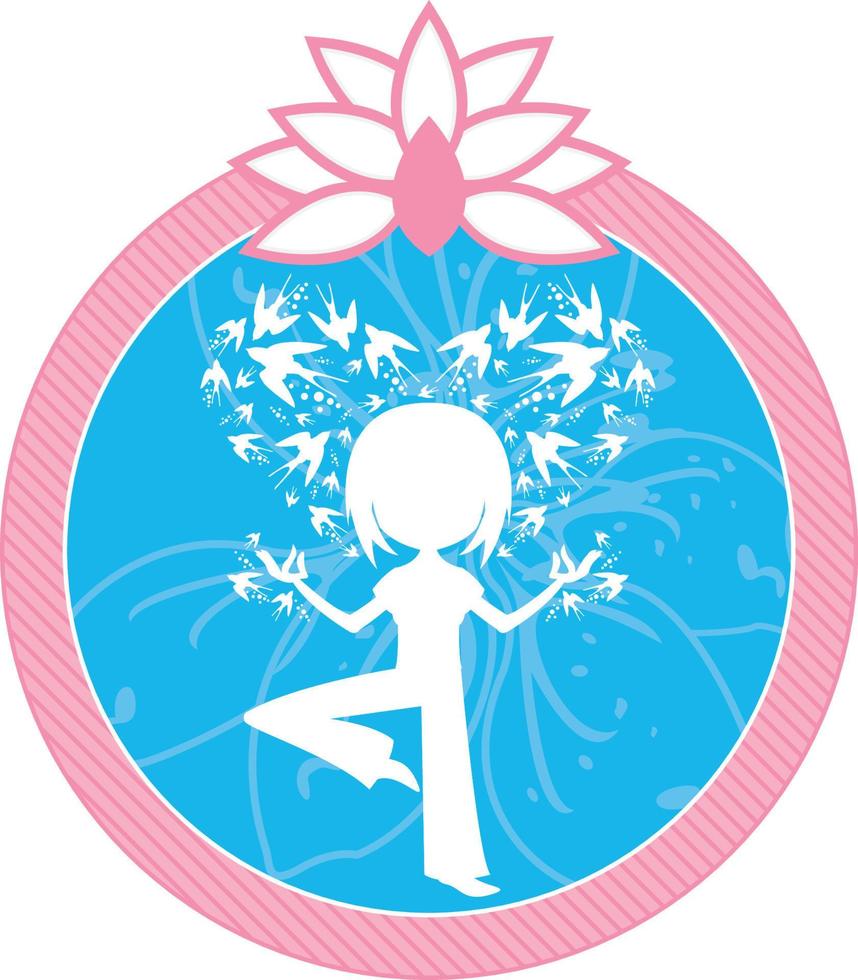 dessin animé yoga fille avec avale dans silhouette illustration vecteur