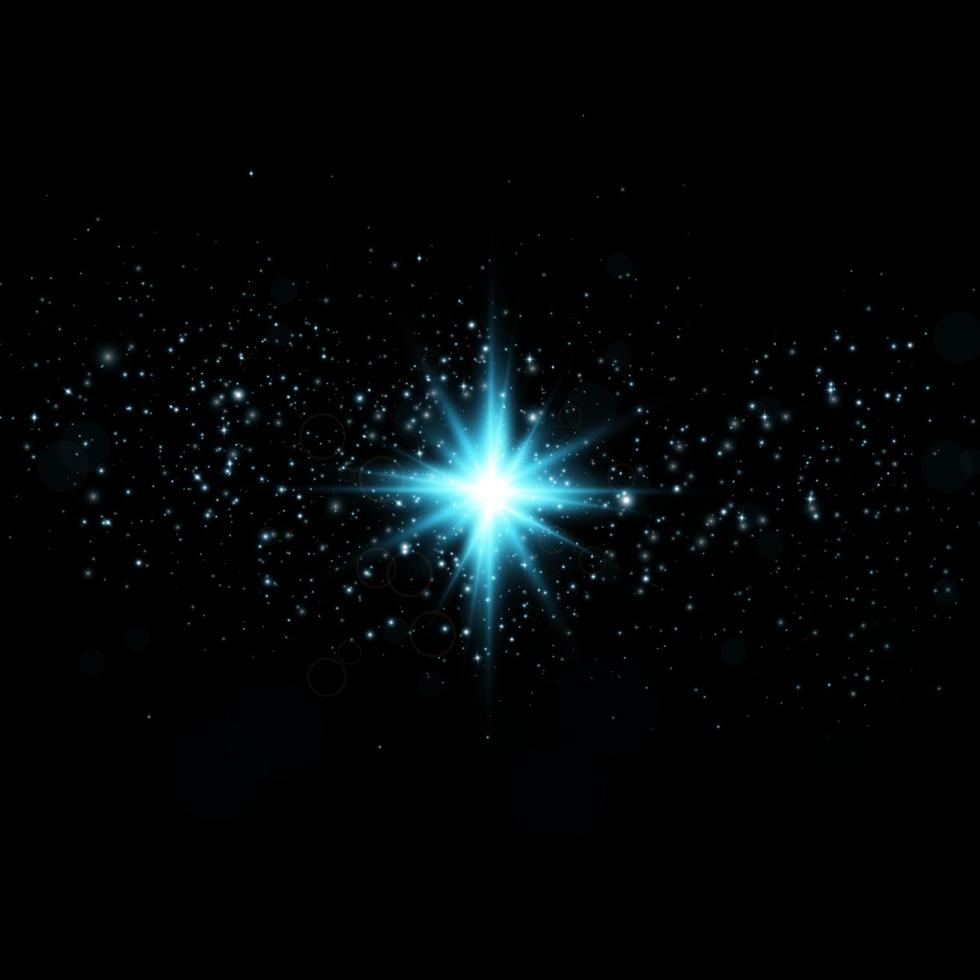 bleu étoile, sur une noir arrière-plan, le effet de lueur et des rayons de lumière, embrasé lumières, Soleil. vecteur