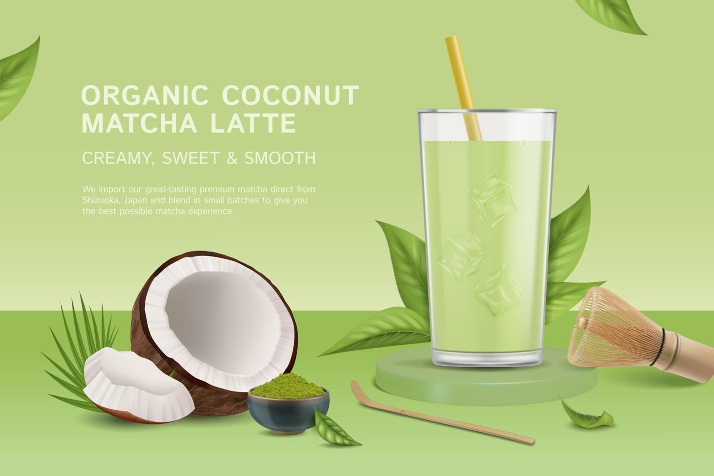 réaliste détaillé 3d biologique noix de coco matcha latté les publicités bannière concept affiche carte. vecteur