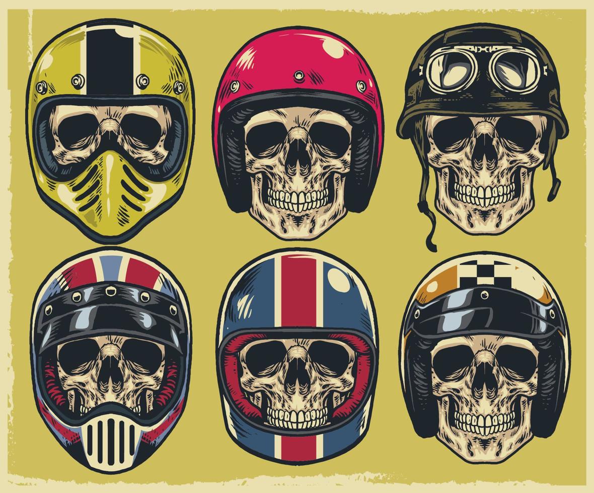 ensemble de main dessin crânes portant divers de moto casque vecteur