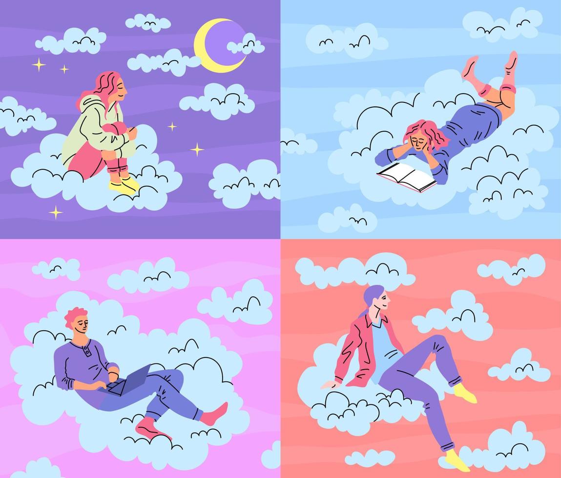 dessin animé Couleur personnages gens séance sur des nuages ensemble. vecteur